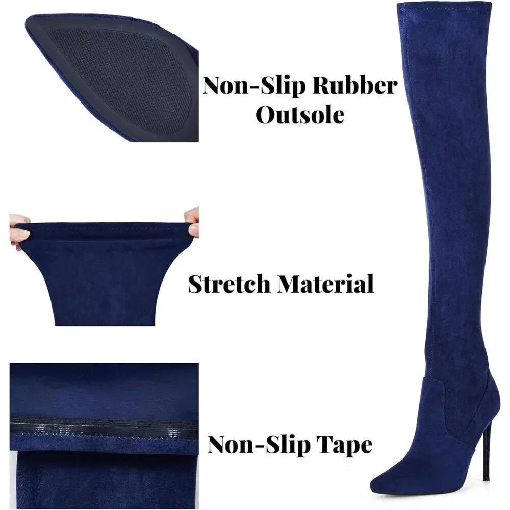 Women Navy Blue Suede Pointed Toe 4.3 inch Stilettos Thigh High Heels Boots